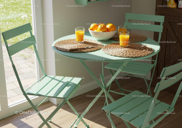 Cozy breakfast setting with oranges and juice on blue table