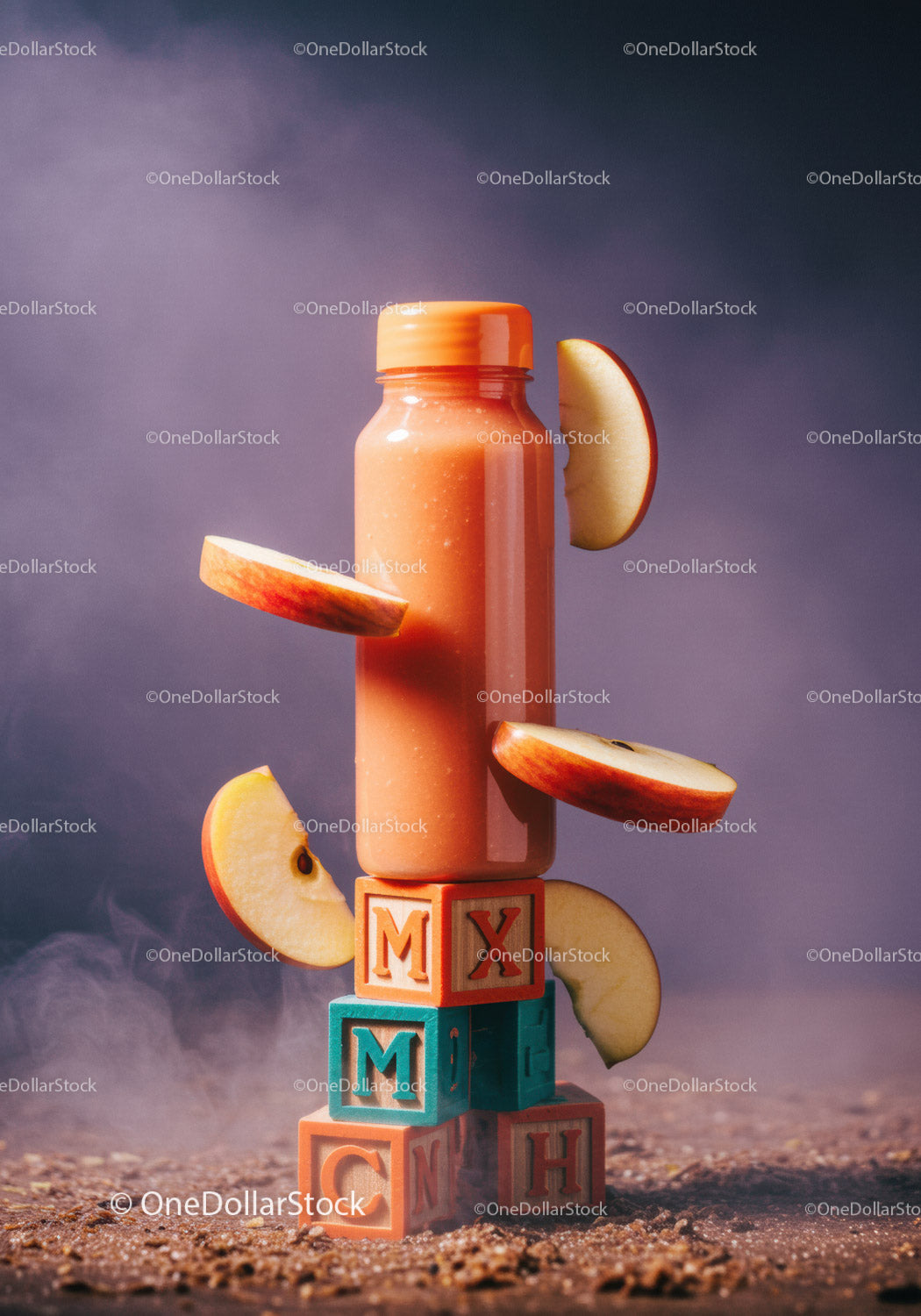 Apple Smoothie Bottle with Floating Fruit and Blocks