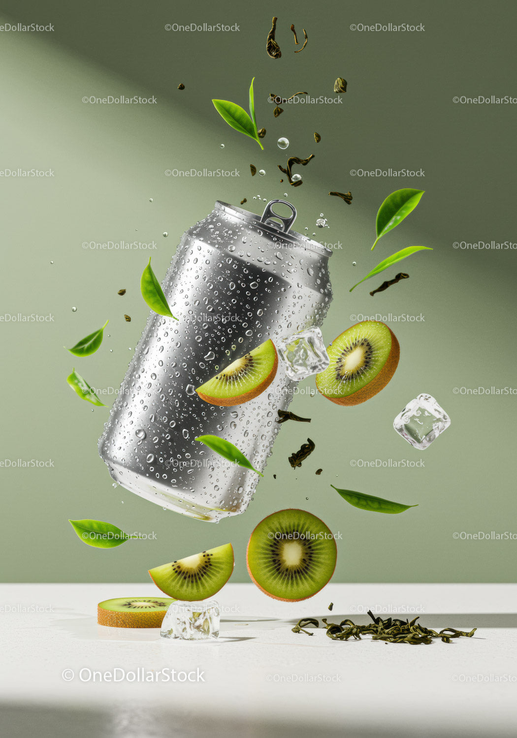 Refreshing sparkling drink with kiwi and green tea leaves