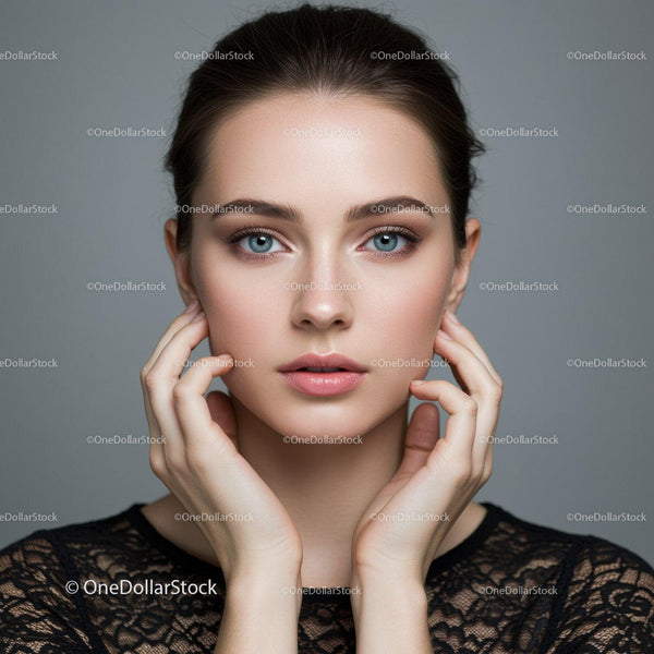 Close-up Portrait of a Young Woman with Blue Eyes and Natural Makeup