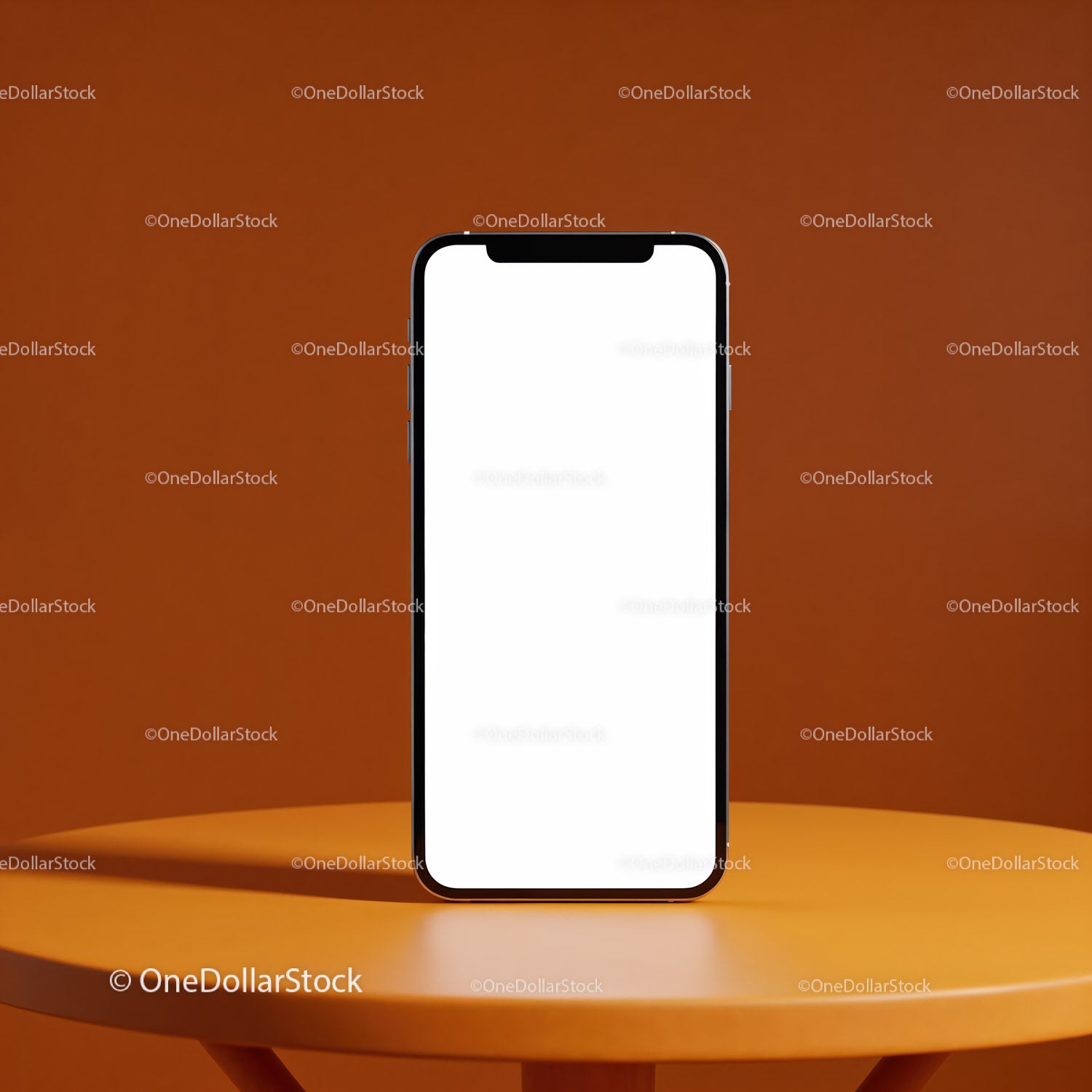 Smartfon z pustym ekranem na pomarańczowym tle stołu