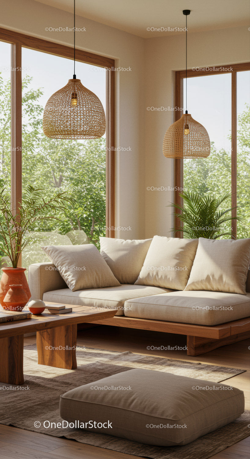 Przytulna beżowa sofa modułowa z naturalnym światłem i roślinami