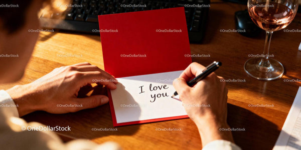 Man Writing Romantic Message In Red Valentine's Card