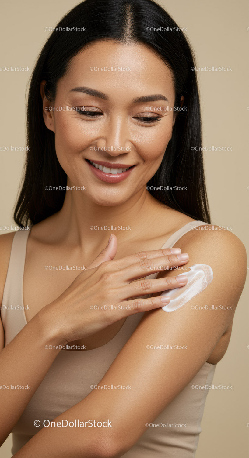 Woman Applying Moisturizer Cream on Shoulder for Skincare Routine