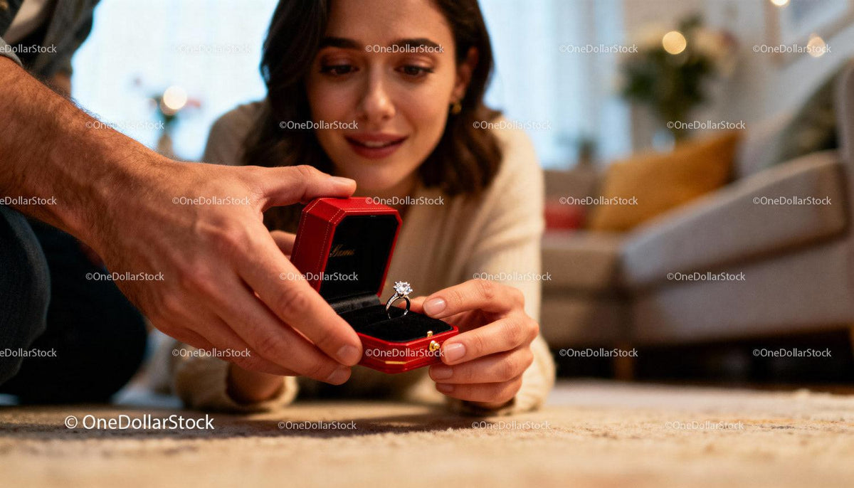 Woman receiving a diamond ring proposal at home
