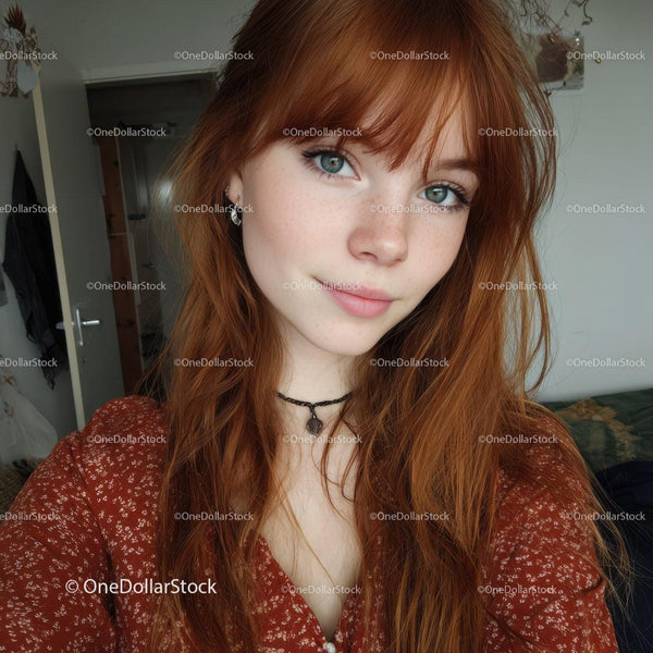 Portrait of a Young Woman with Red Hair and Blue Eyes in Casual Outfit