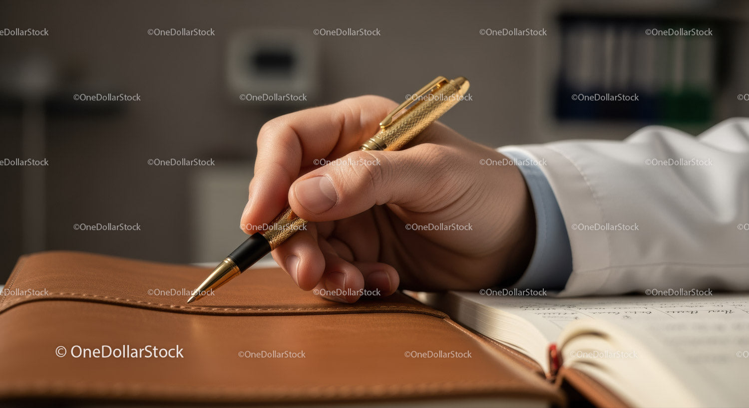 Close-Up of Hand Writing with Gold Pen on Leather Notebook in Office