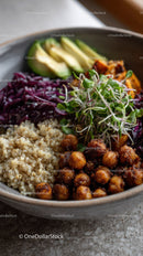 Colorful Vegan Bowls with Chickpeas Sweet Potatoes Red Cabbage and Quinoa