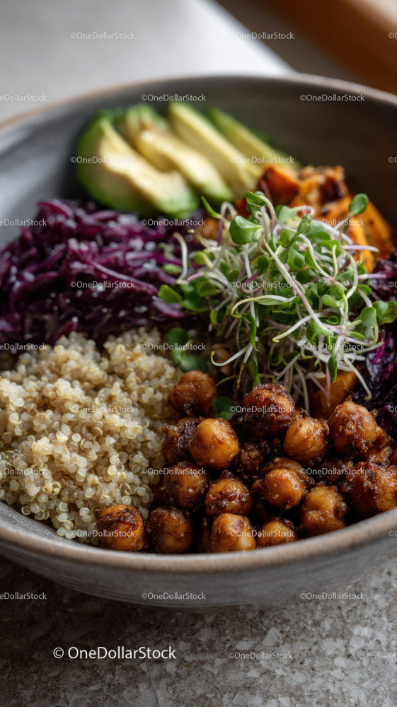 Colorful Vegan Bowls with Chickpeas Sweet Potatoes Red Cabbage and Quinoa