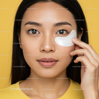 Young Woman Applying Eye Cream with Youthful Skin on Yellow Background