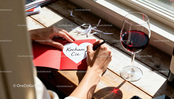 Writing a heartfelt love note by the window with wine