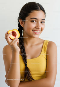 Smiling Young Woman Holding a Peach Slice in Bright Interior