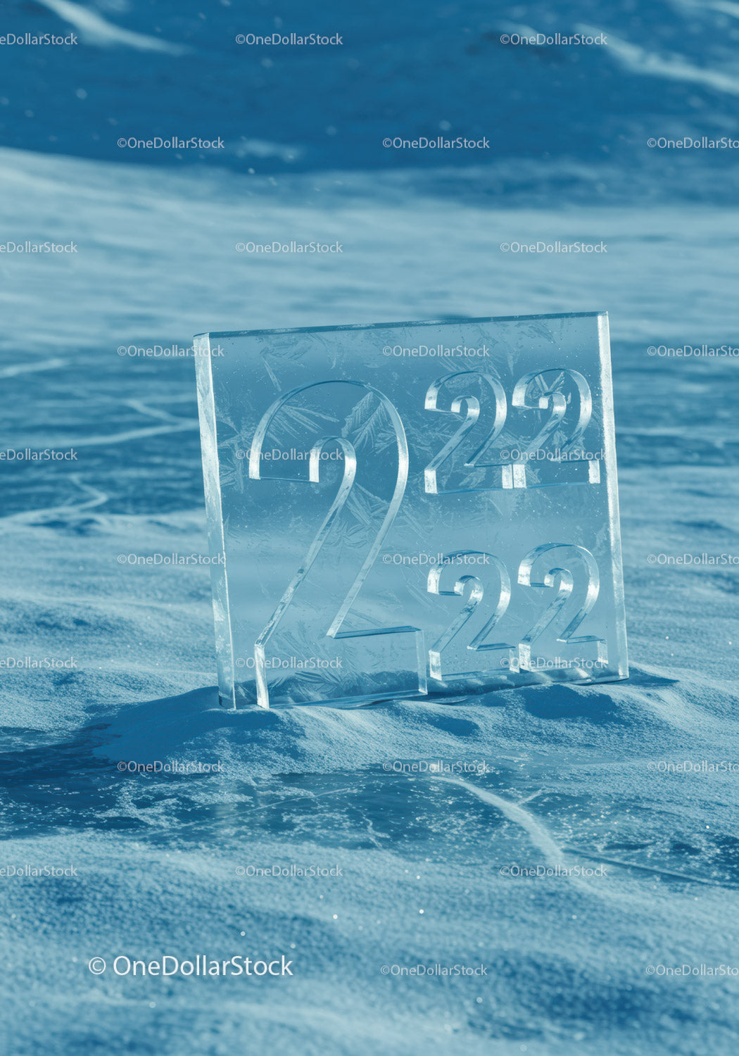Frozen block with 2022 numbers on icy snowy landscape