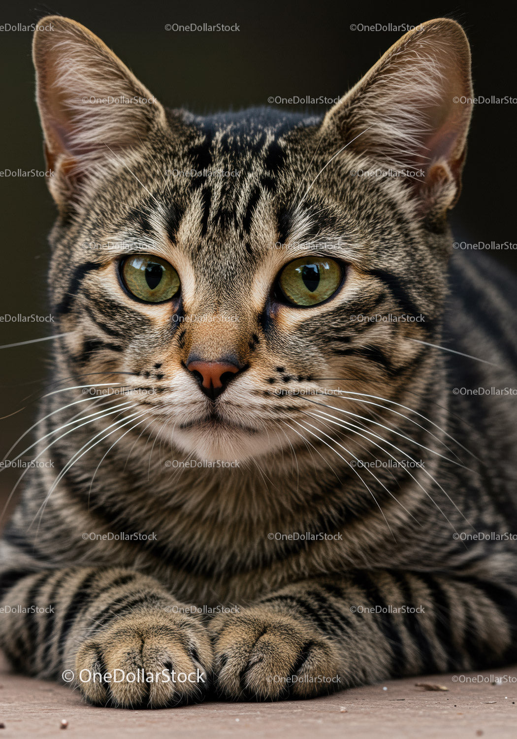 Close up of relaxed tabby cat with green eyes