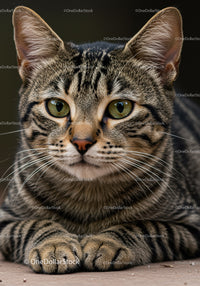 Close up of relaxed tabby cat with green eyes