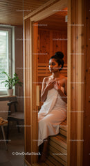 Young Woman Relaxing in Wooden Sauna Room with Towel Experience