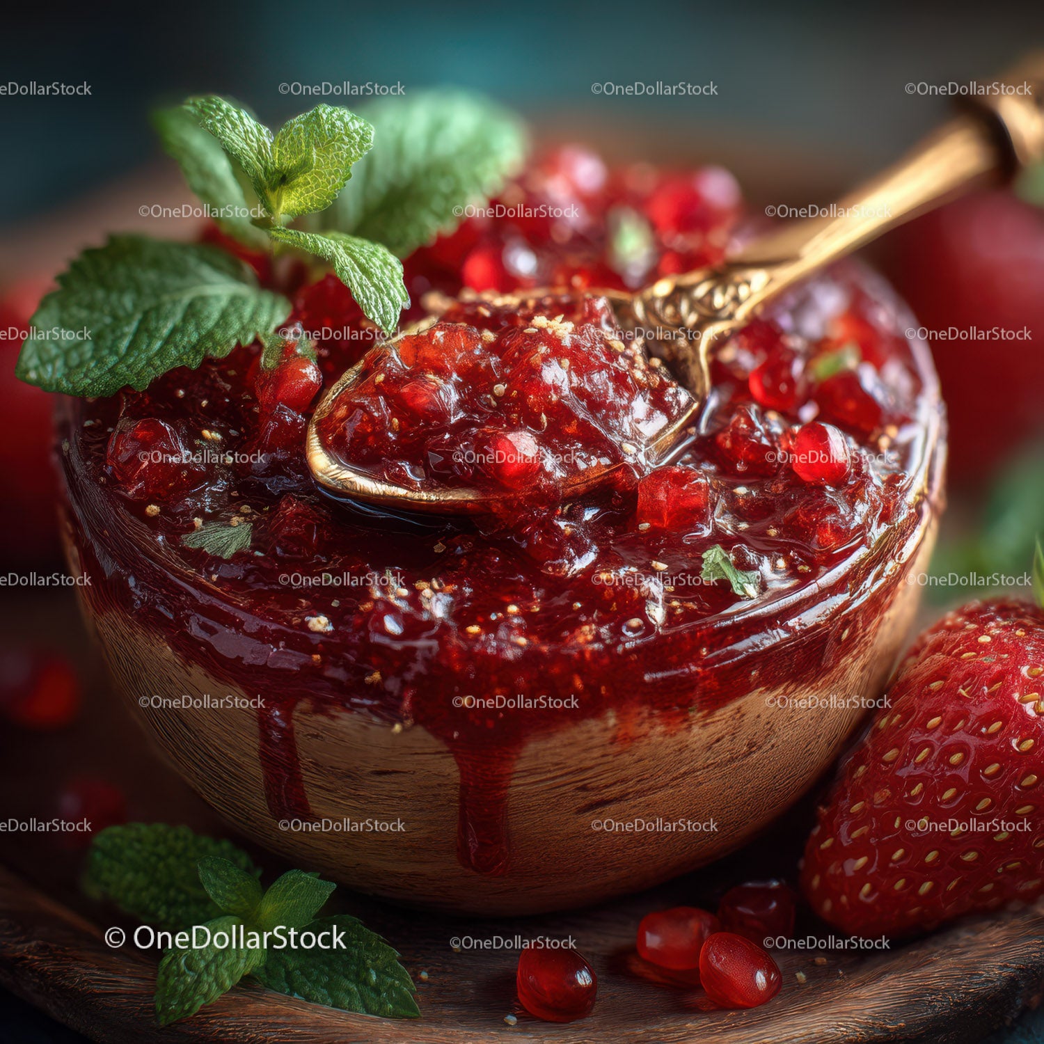 Strawberry Jam with Mint Leaves in a Wooden Bowl on Rustic Surface