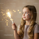 Young girl with star stickers holding glowing spoon