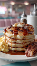 Delicious Stack of Pancakes with Syrup and Bacon