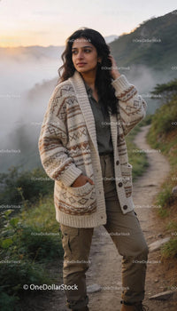 Young woman in patterned cardigan standing on mountain trail