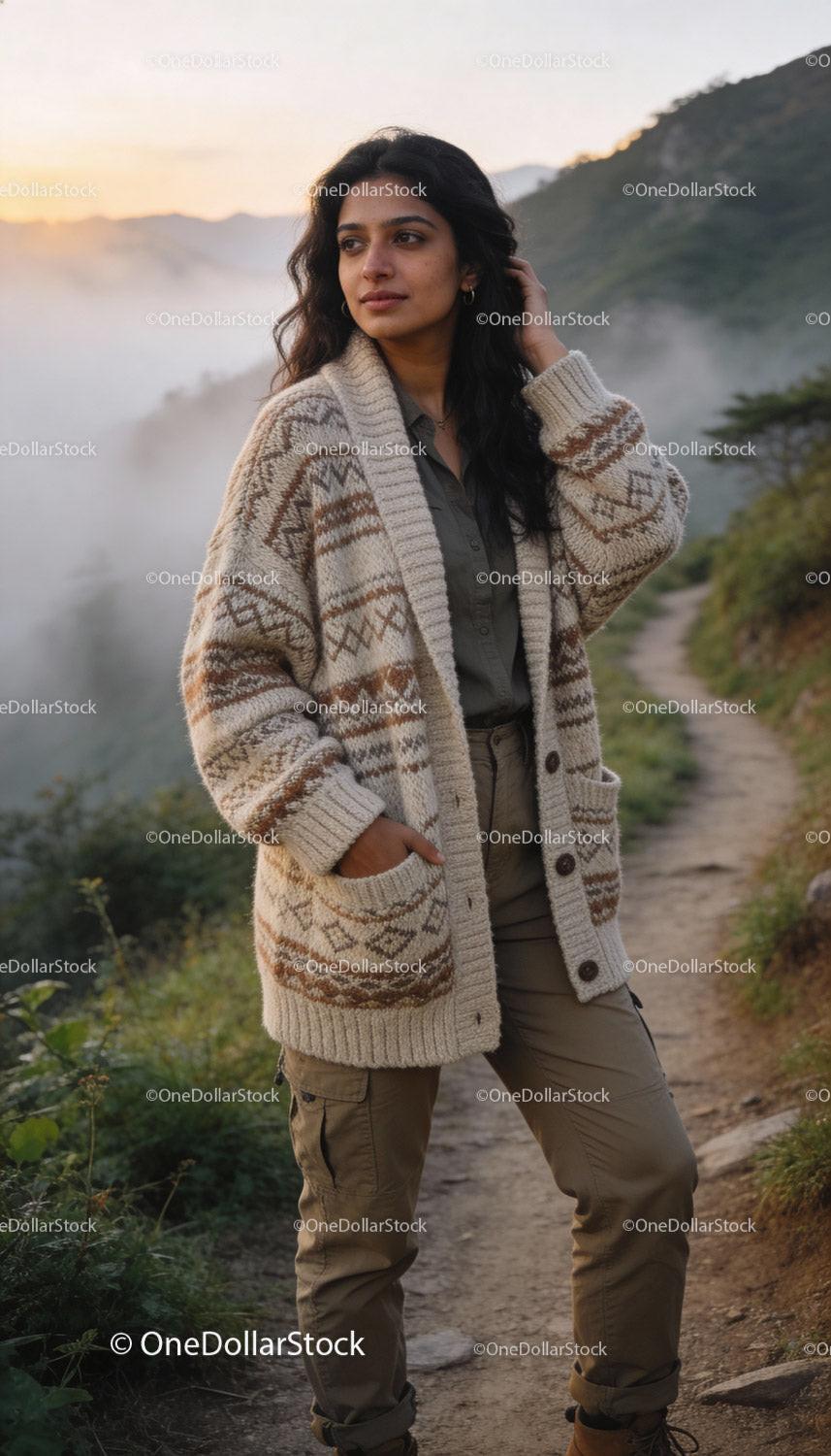 Young woman in patterned cardigan standing on mountain trail