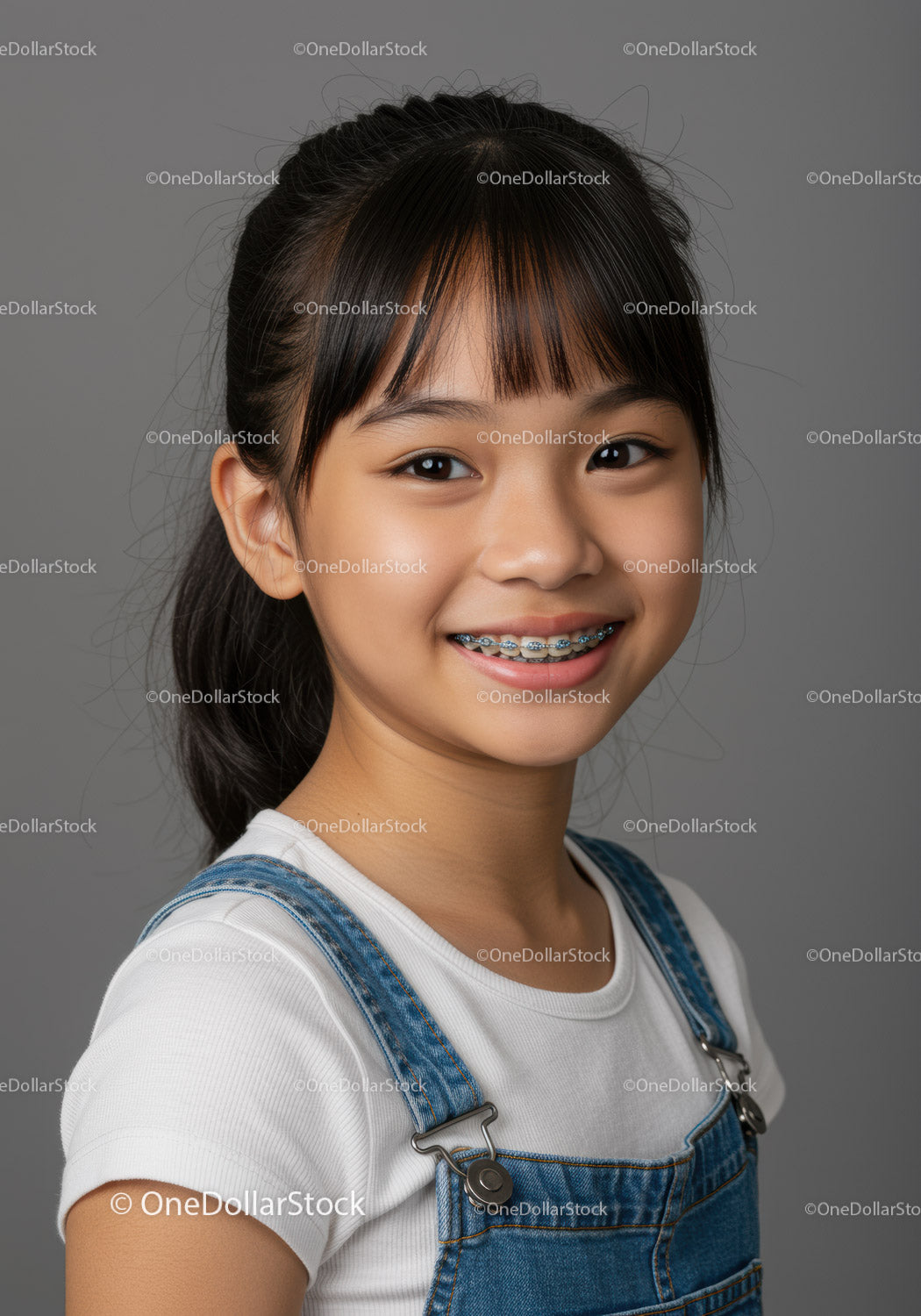 Portrait of a Smiling Girl with Braces Wearing Denim Overalls