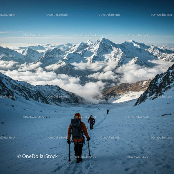 Snowy Mountain Trekking Adventure with Alpine Peaks and Cloudscape