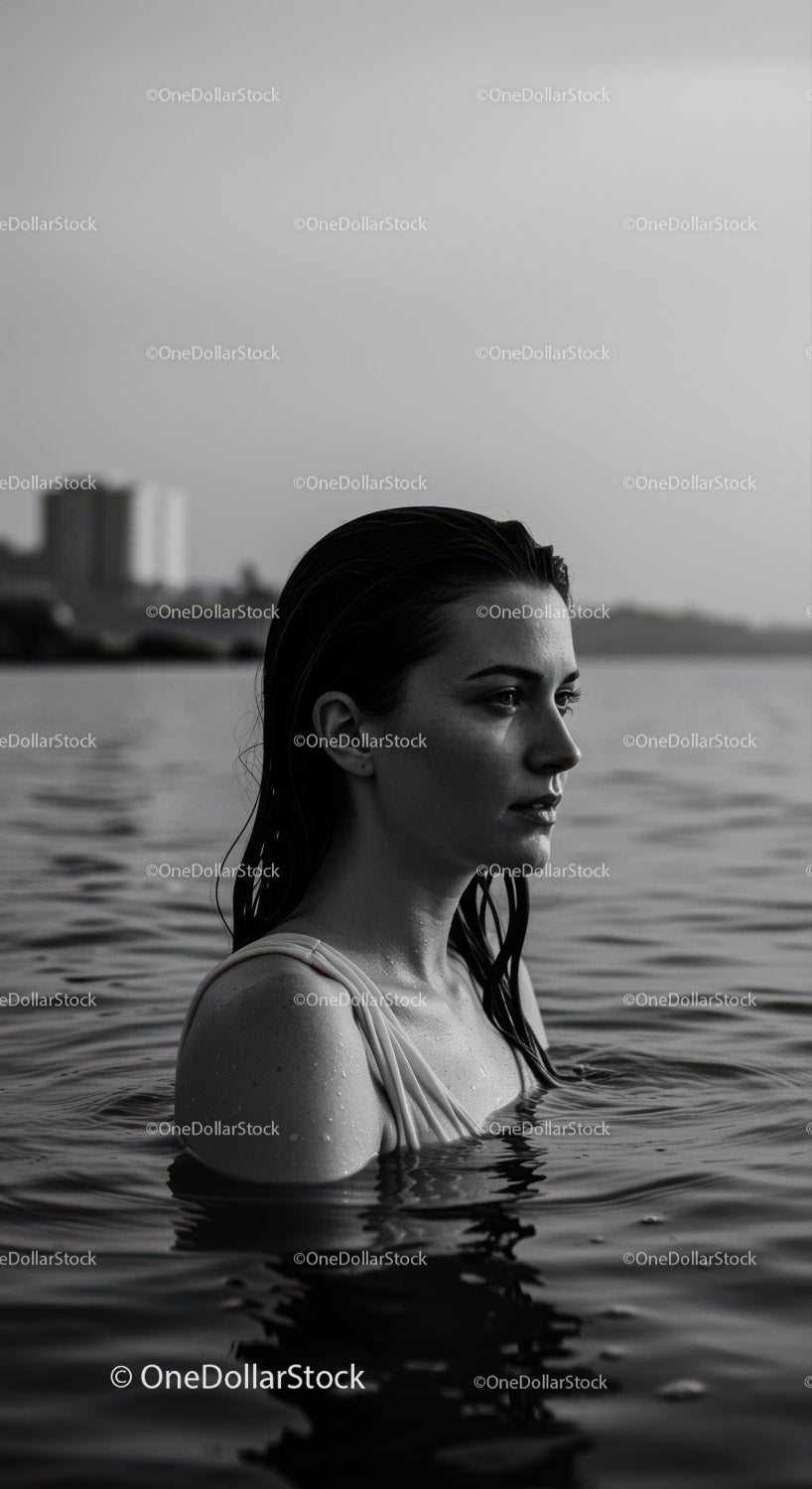 Serene Woman in Water with Reflective Calm Atmosphere