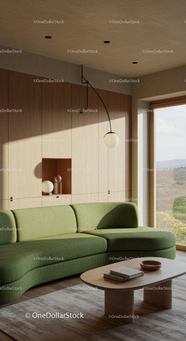 Modern living room with green sofa and natural light