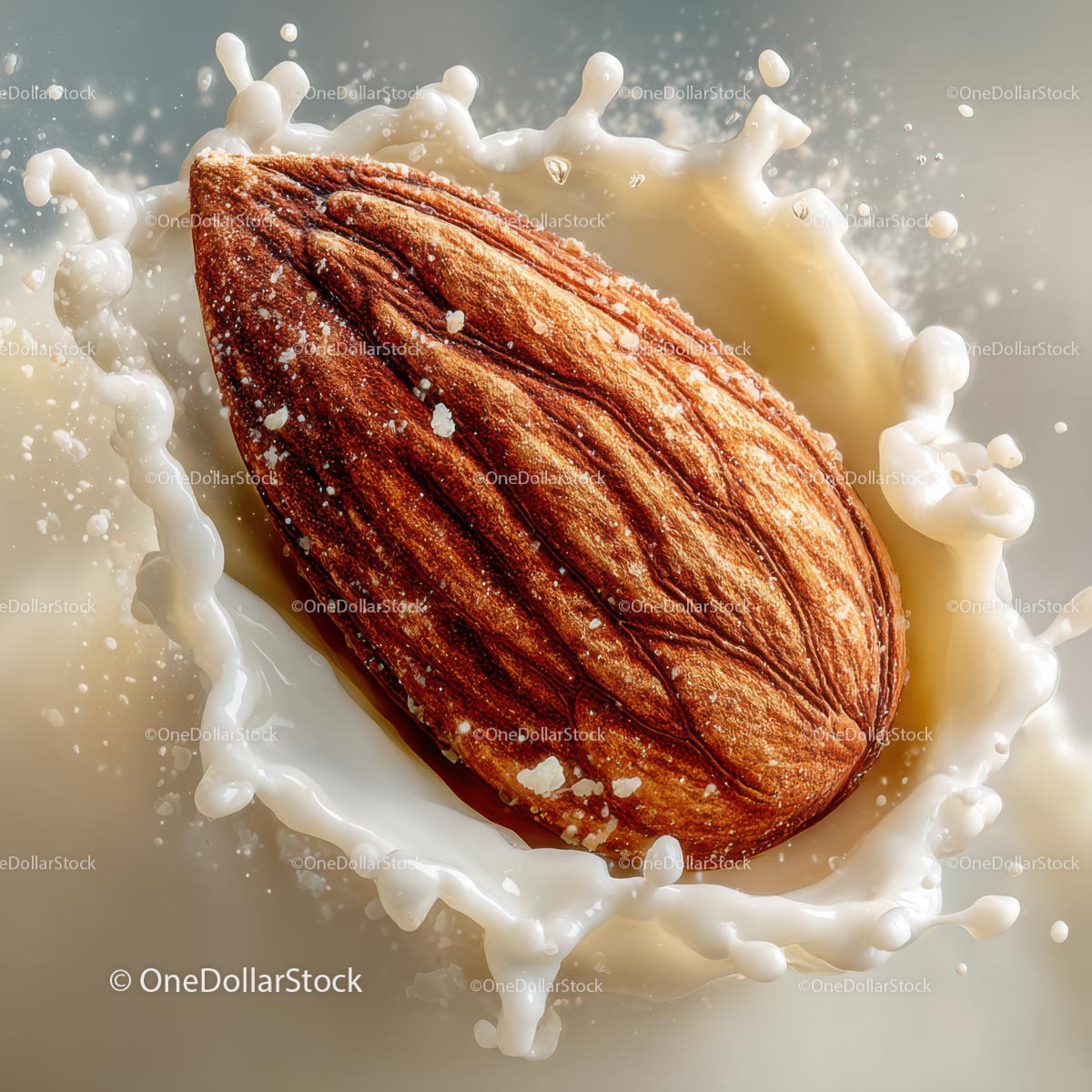Almond Splashing in Fresh Milk with Droplets