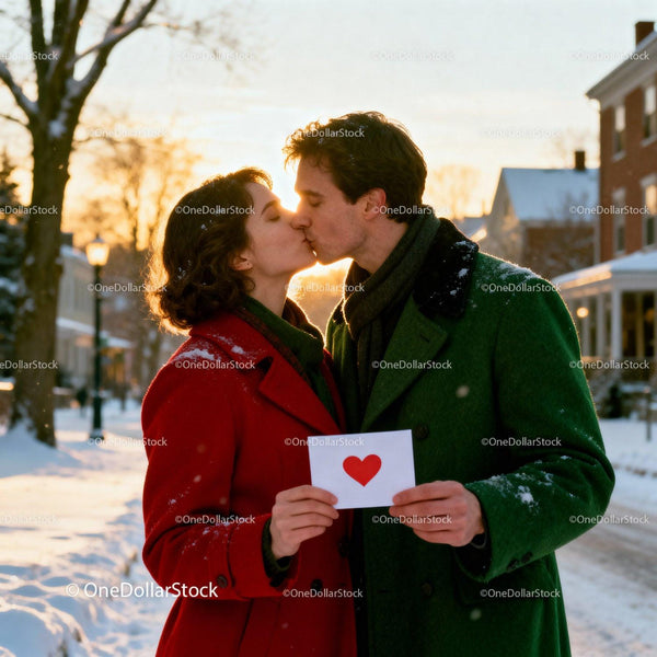 Couple Sharing a Kiss Holding Heart Card in Snowy Street