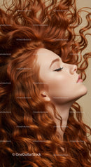Profile of a woman with flowing red curly hair