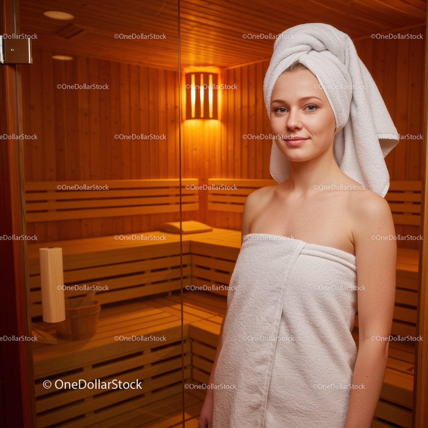 Relaxing Woman in Towel at Sauna with Warm Wooden Interior