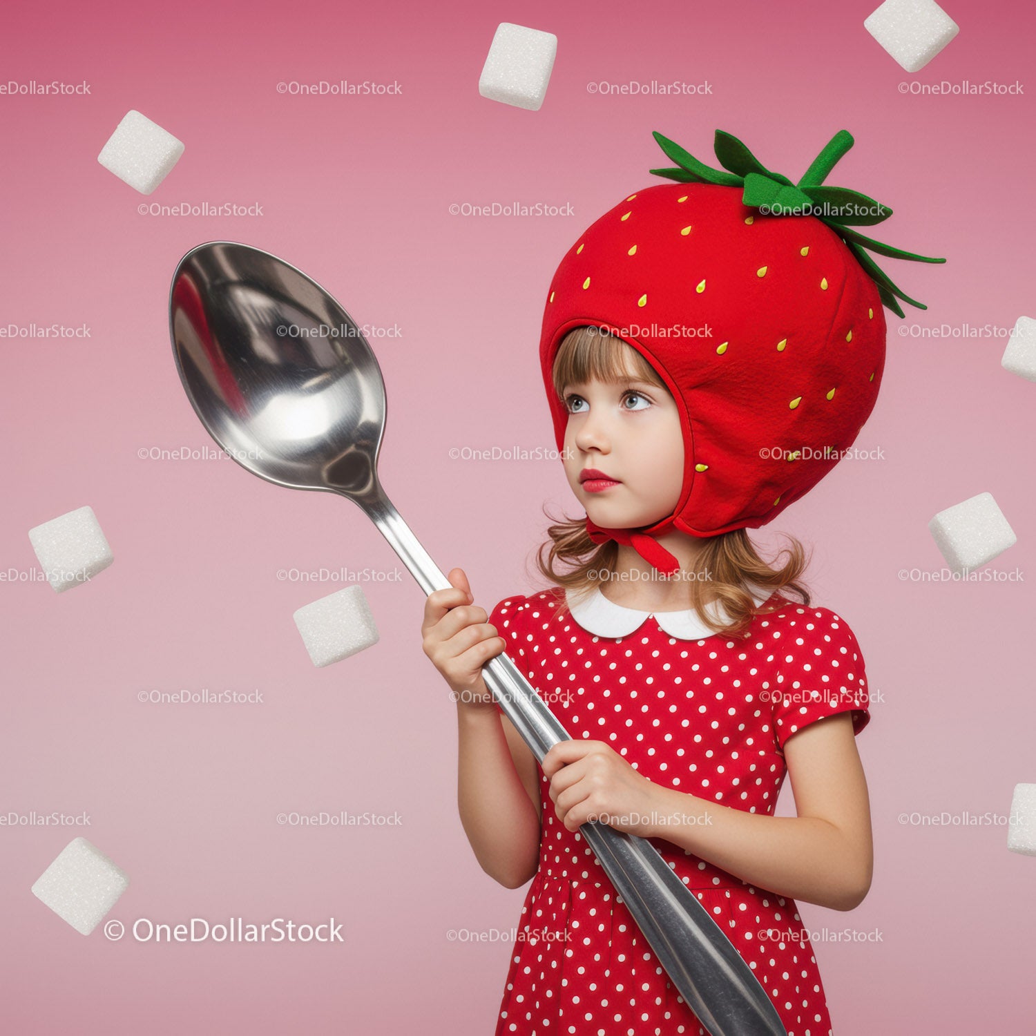Little girl in strawberry hat holding giant spoon