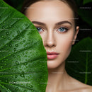 Young Woman with Blue Eyes and Tropical Green Leaves Water Droplets