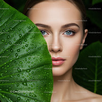 Young Woman with Blue Eyes and Tropical Green Leaves Water Droplets