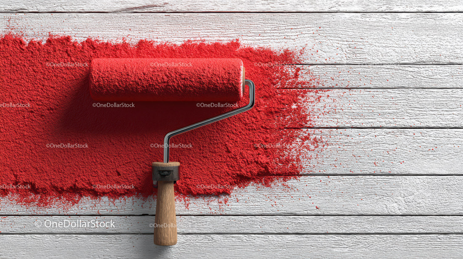 Red Paint Roller Spreading Bright Red Paint Over Rustic White Wooden Surface