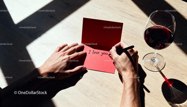 Man Writing I Love You Card Next to Red Wine Glass
