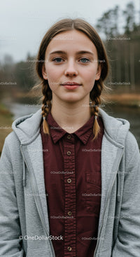 Portrait of a Young Woman in Casual Outfit Outdoors with Nature Background