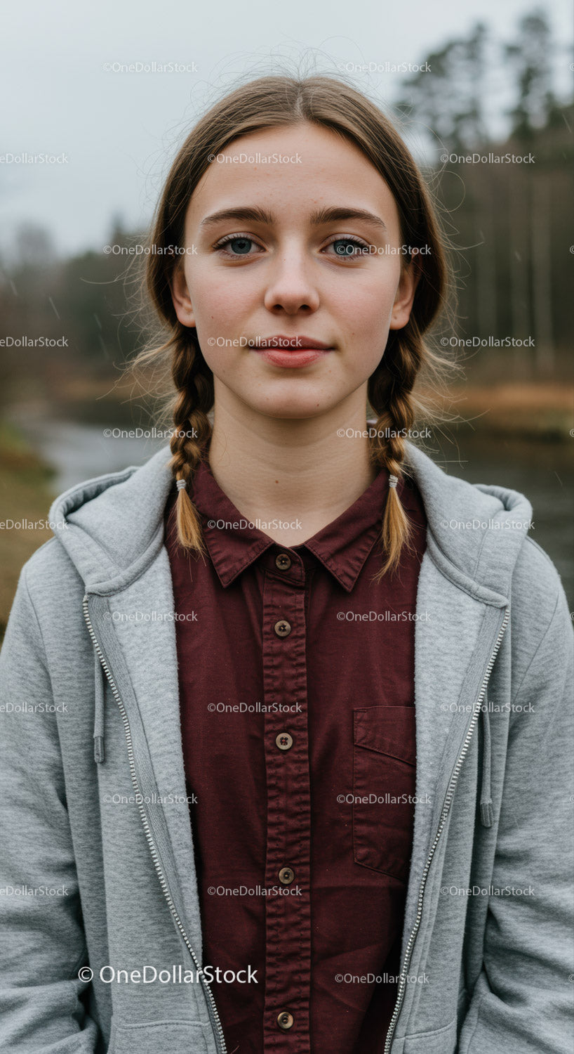 Portrait of a Young Woman in Casual Outfit Outdoors with Nature Background