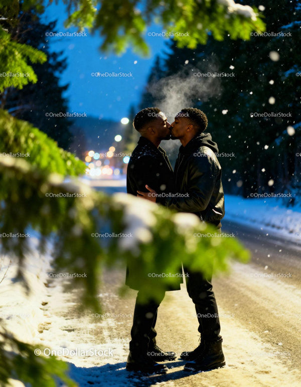 Couple sharing a tender kiss on snowy winter evening