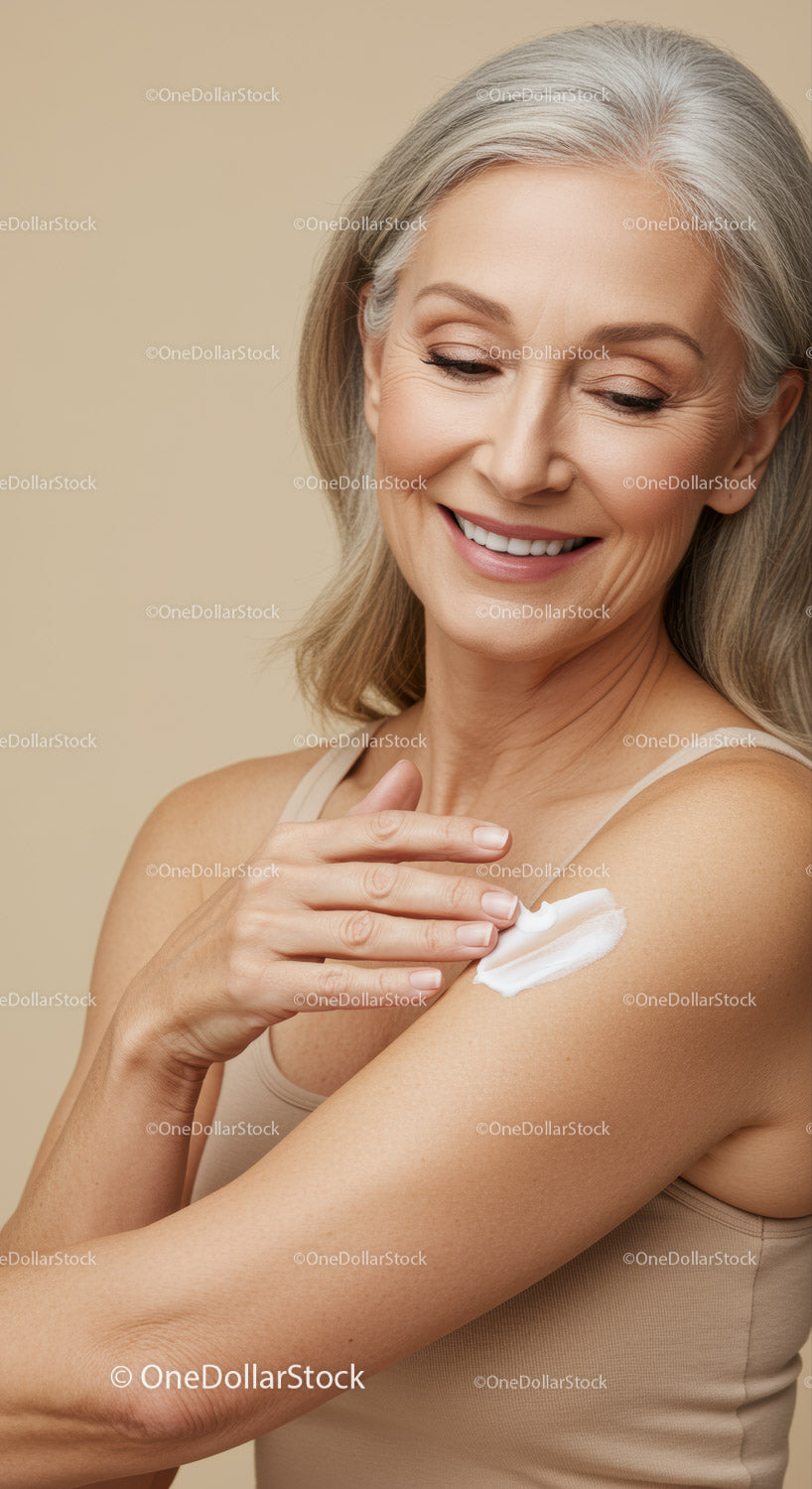 Elegant Mature Woman Applying Body Lotion for Healthy Radiant Skin