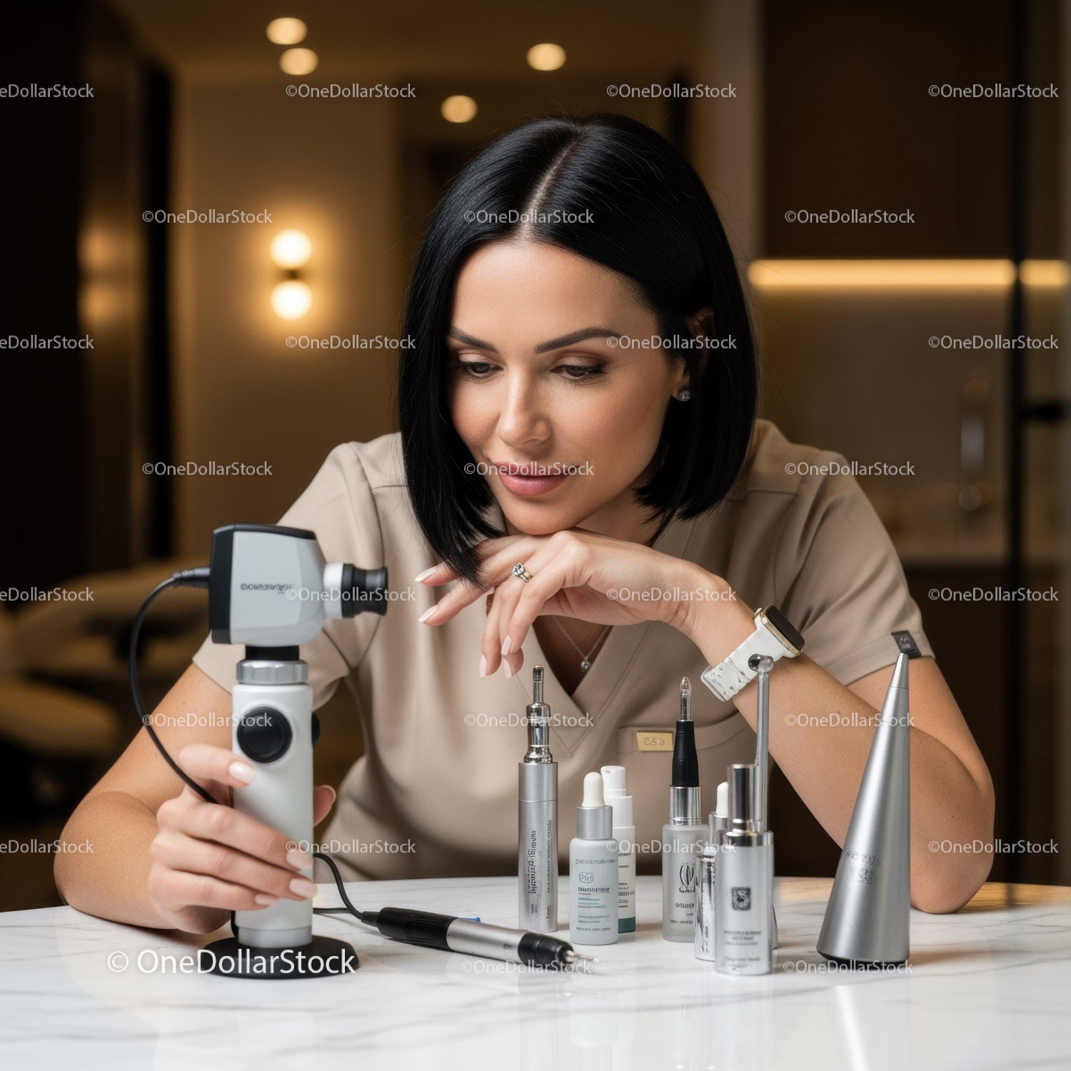 Woman Examining Skincare Products with Concentration in Modern Beauty Clinic