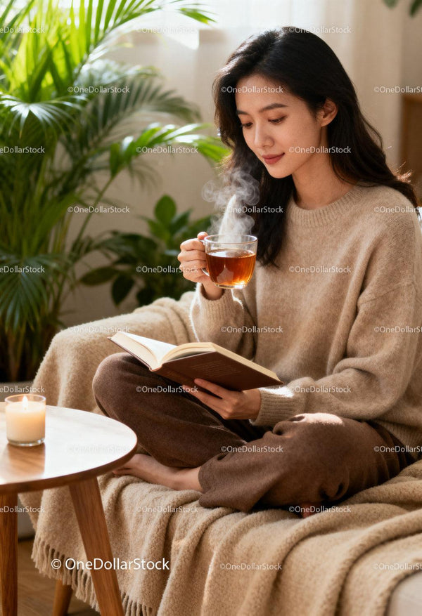 Calm woman enjoying tea and reading a book indoors