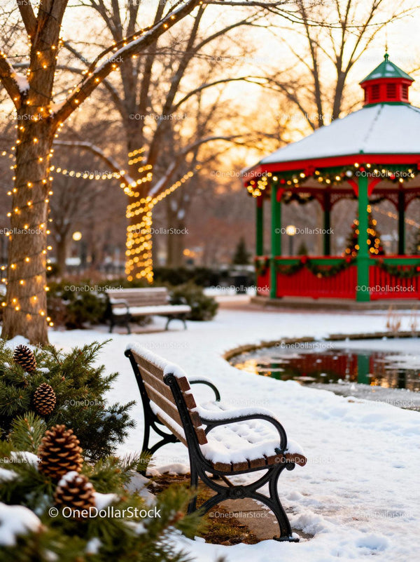 Snow-covered bench near festive gazebo at sunset