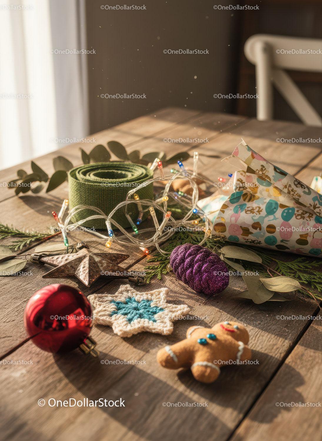 Cozy arrangement of festive Christmas decorations on wood