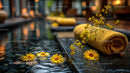 Serene Outdoor Spa Scene with Yellow Towel and Water Lilies