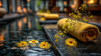 Serene Outdoor Spa Scene with Yellow Towel and Water Lilies