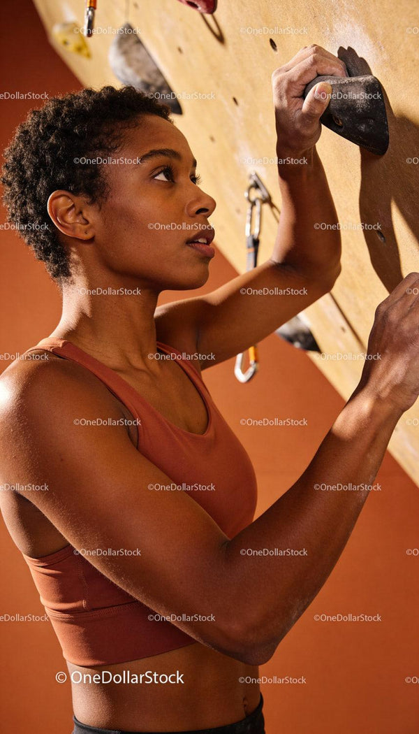 Focused woman rock climbing indoors with determination