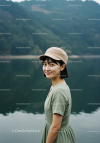 Young Woman in Green Dress Wearing Beige Cap Near Lake Landscape